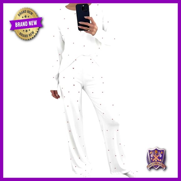 Large 2-Piece Pajama Set Long Sleeve Loose Pants Heart Print Loungewear
